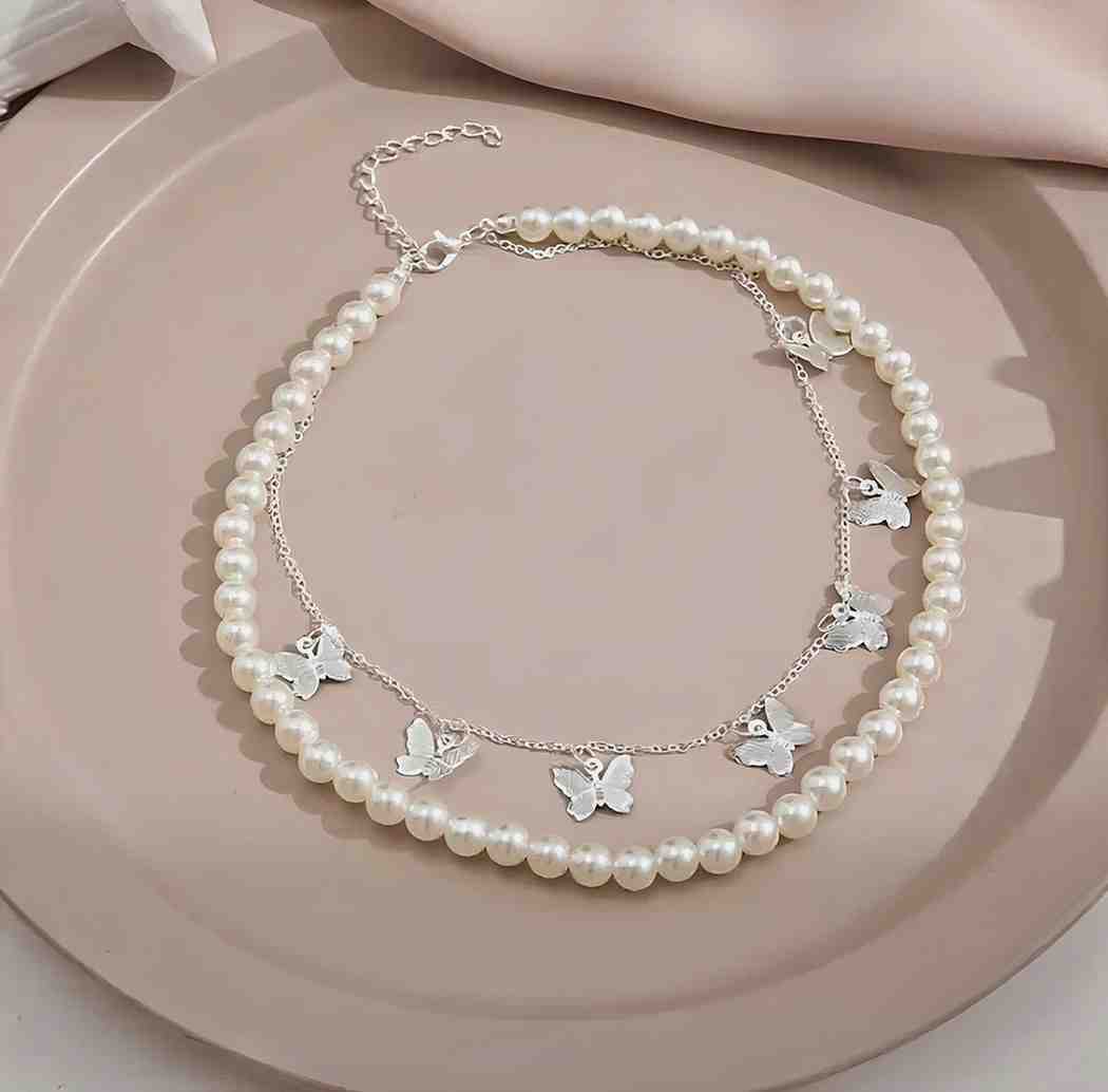 Pearl and Butterfly Layered Necklace