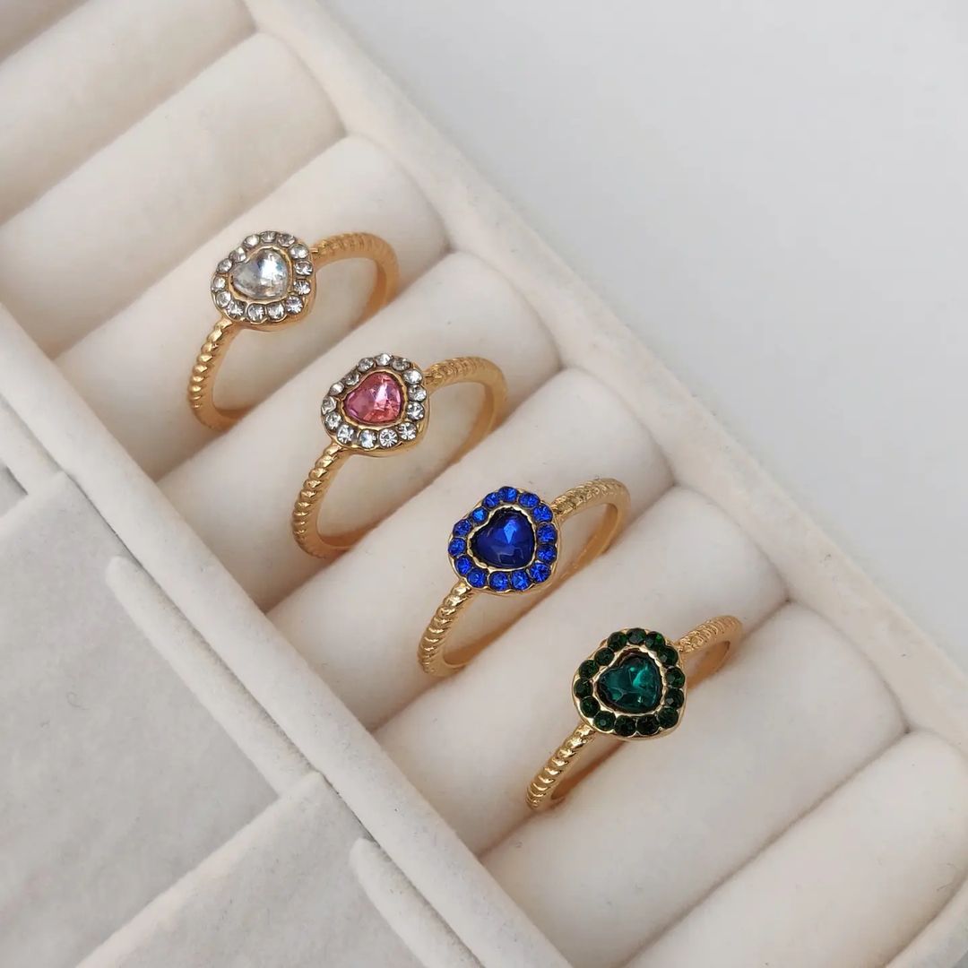 Crystal Heart Ring Stack - Set of 4