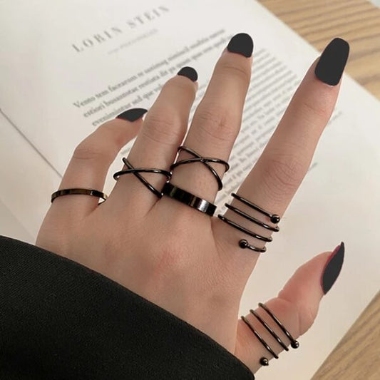 Edgy Black Ring Stack - Set of 6