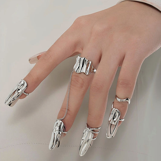 Cyberpunk Silver Nail Ring Stack - Set of 5