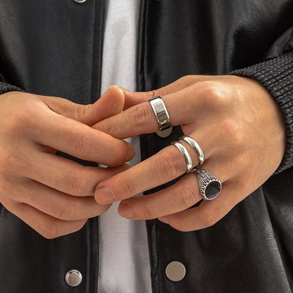 Edgy Silver and Black Grunge Ring Stack - Set of 4
