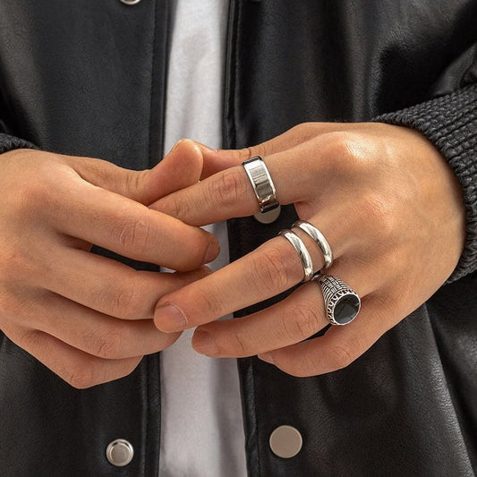 Edgy Silver and Black Grunge Ring Stack - Set of 4