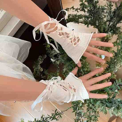 Lace Up Ribbed Gloves