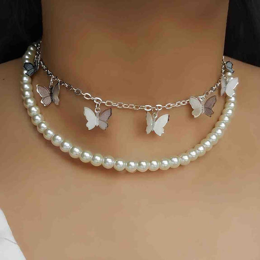 Pearl and Butterfly Layered Necklace