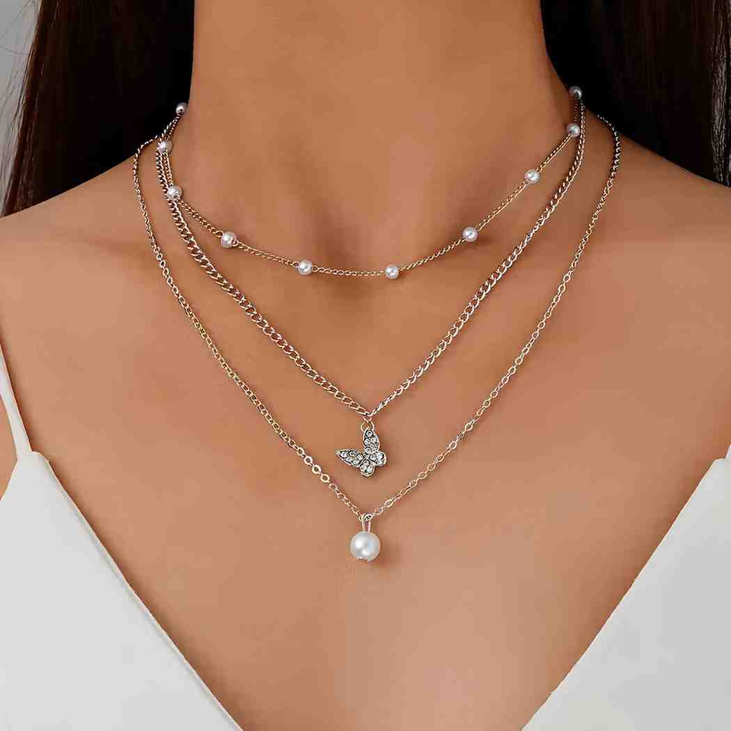 Pearl and Butterfly Silver Layered Necklace