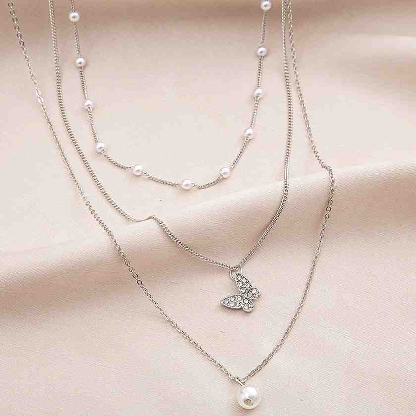 Pearl and Butterfly Silver Layered Necklace