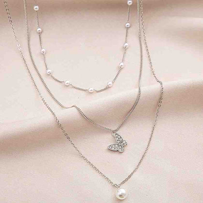 Pearl and Butterfly Silver Layered Necklace