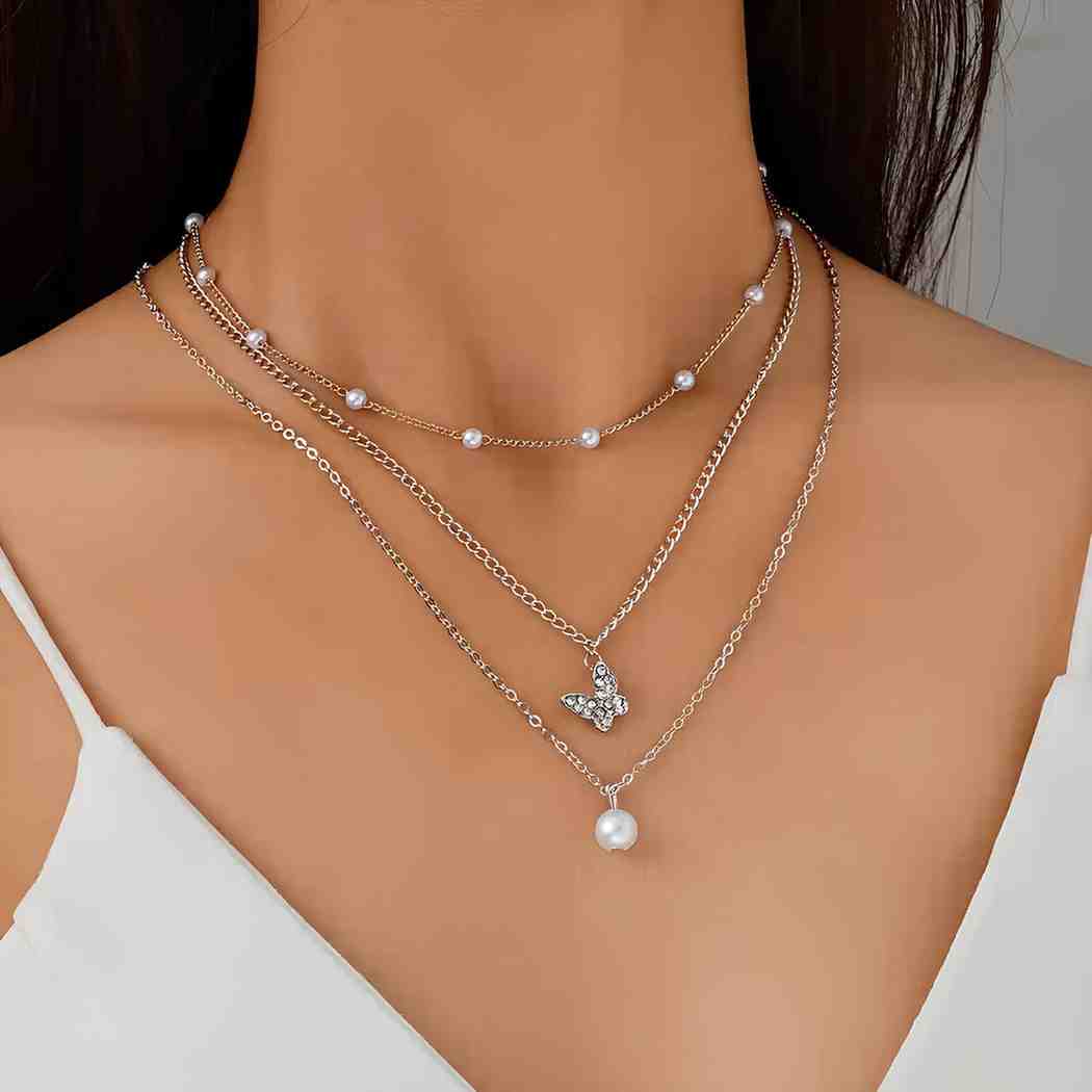 Pearl and Butterfly Silver Layered Necklace