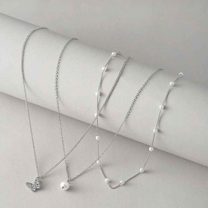Pearl and Butterfly Silver Layered Necklace