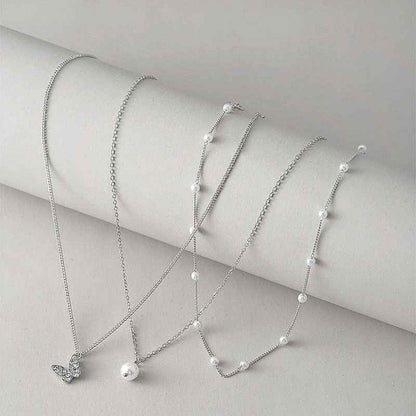 Pearl and Butterfly Silver Layered Necklace