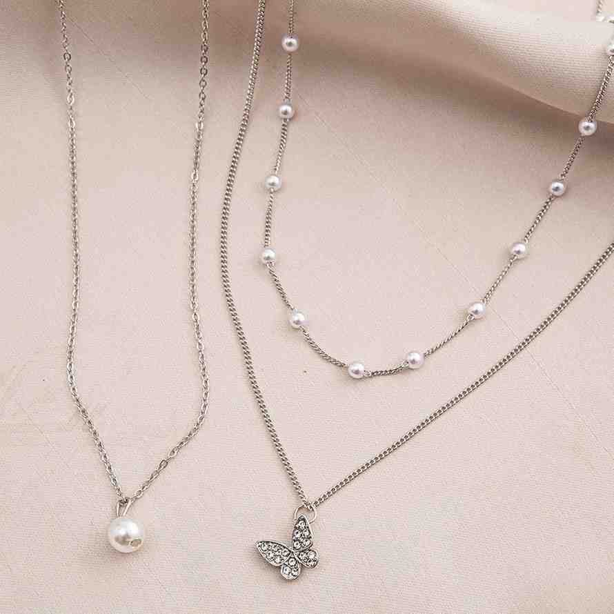 Pearl and Butterfly Silver Layered Necklace