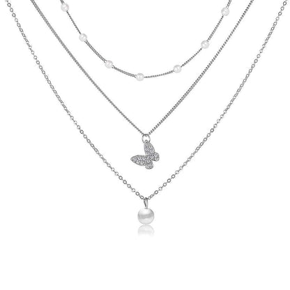 Pearl and Butterfly Silver Layered Necklace
