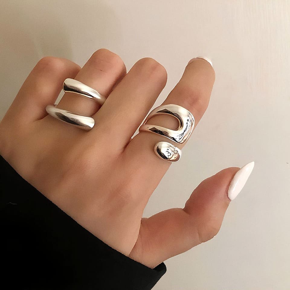 Chunky Statement Silver Ring Stack - Set of 2 โ VIEZ