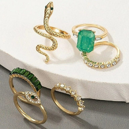 Emerald Green Snake Ring Stack - Set of 6