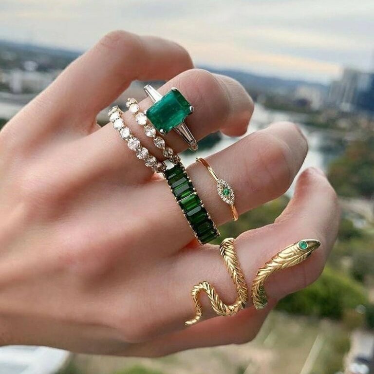 Emerald Green Snake Ring Stack - Set of 6