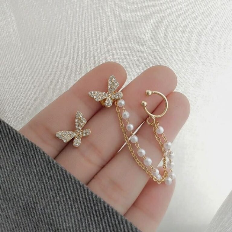 Rhinestone Pearl Chain Butterfly Ear Cuff