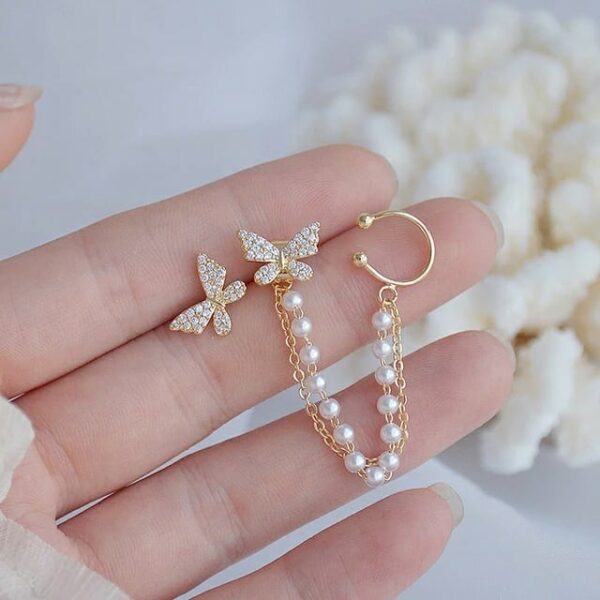 Rhinestone Pearl Chain Butterfly Ear Cuff