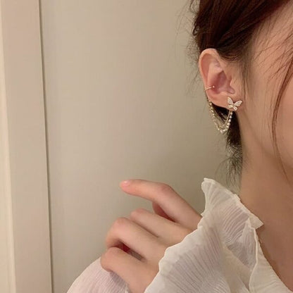 Rhinestone Pearl Chain Butterfly Ear Cuff