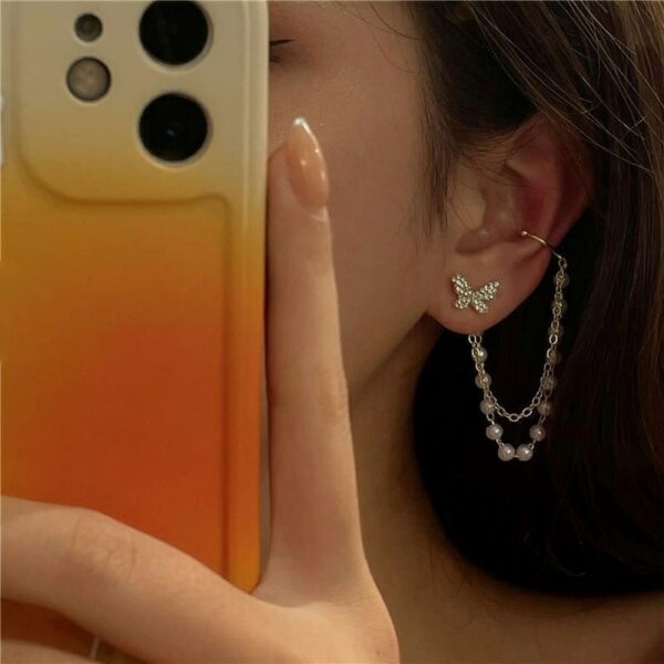 Rhinestone Pearl Chain Butterfly Ear Cuff