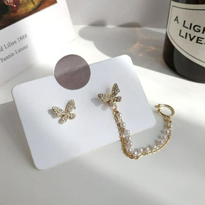 Rhinestone Pearl Chain Butterfly Ear Cuff