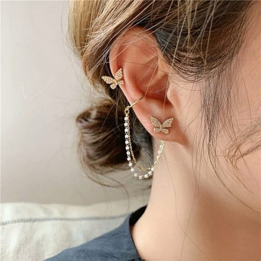 Rhinestone Pearl Chain Butterfly Ear Cuff