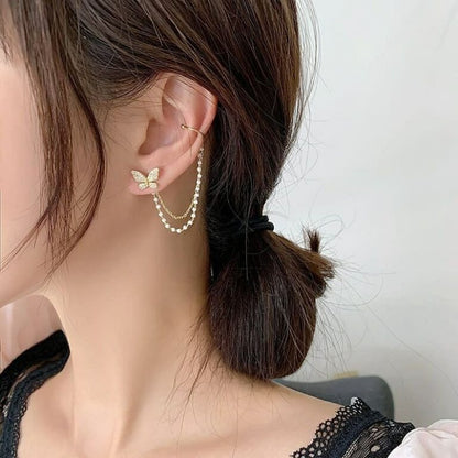 Rhinestone Pearl Chain Butterfly Ear Cuff