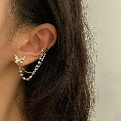 Rhinestone Pearl Chain Butterfly Ear Cuff