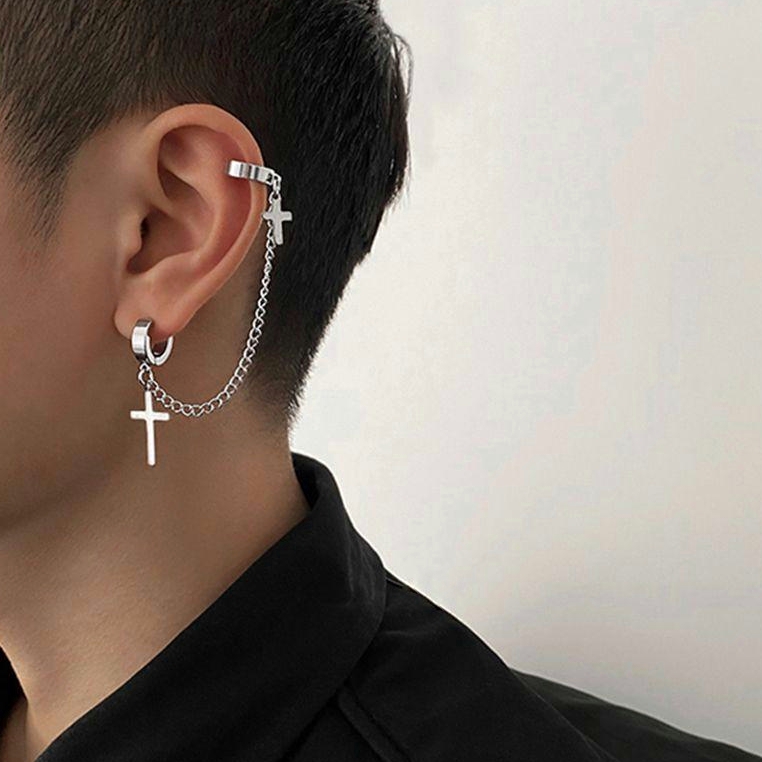 Korean Hanging Cross With Chain Stud Cum Ear Cuff Earrings For Women And  Girls Earrings 