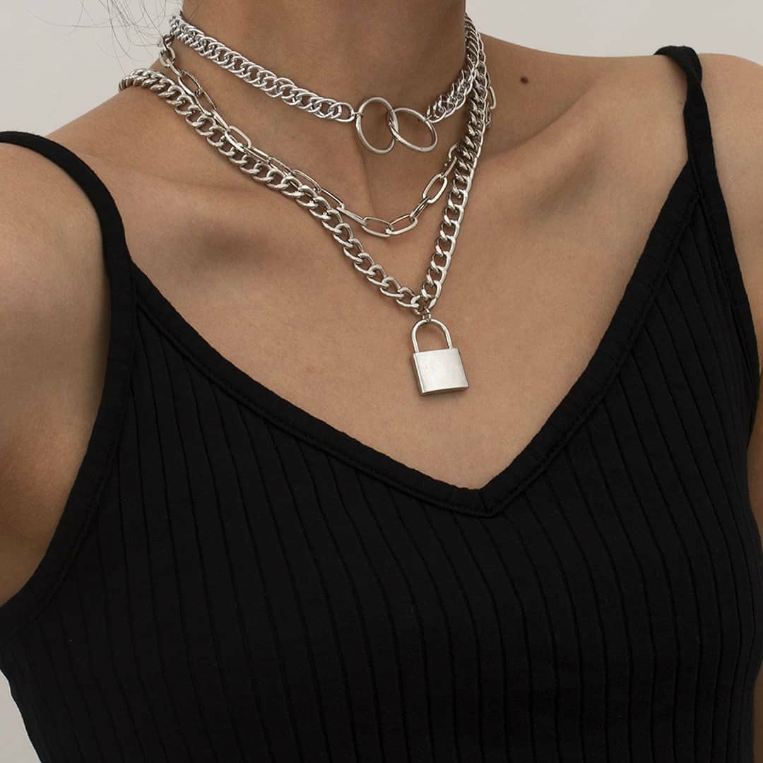 Necklace – Lock and Chain Link Layered - VIEZ