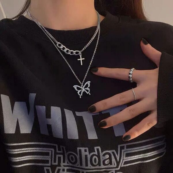 Necklace - Punk Butterfly Cross Layered